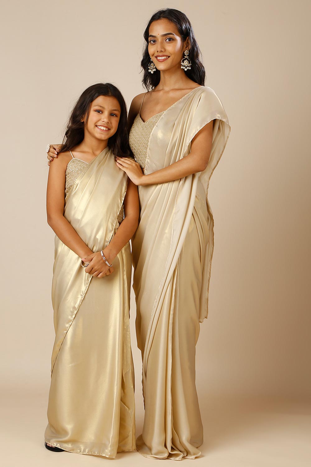 Deva Champagne Gold Silk One Minute Saree for Kids & Tweens