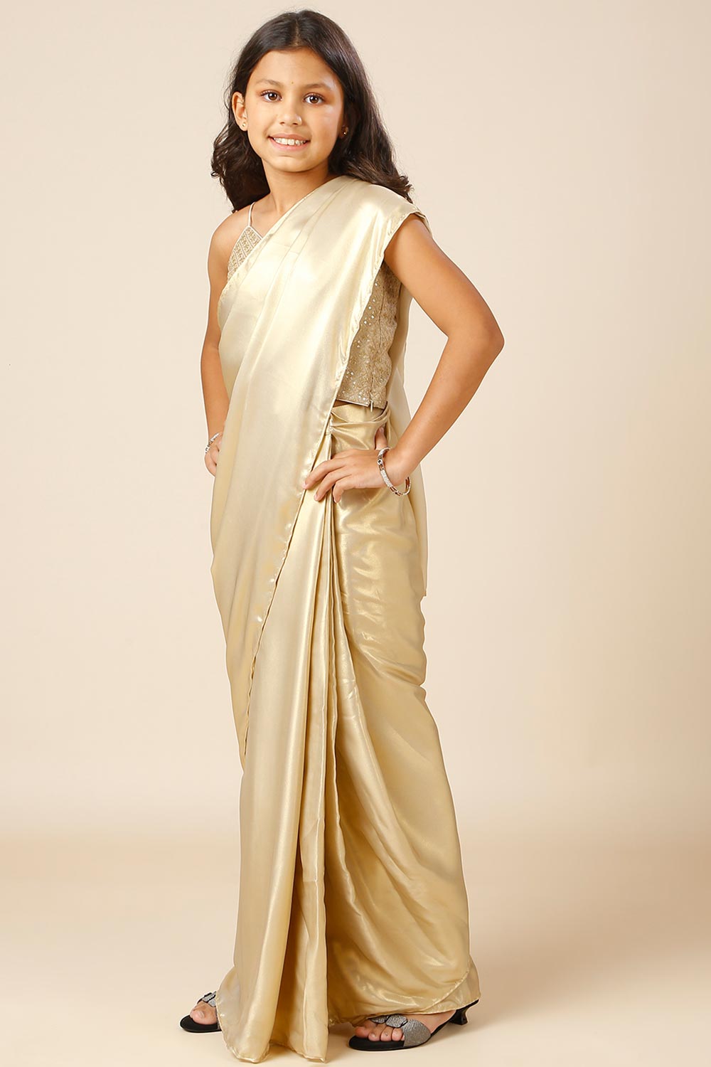 Deva Champagne Gold Silk One Minute Saree for Kids & Tweens