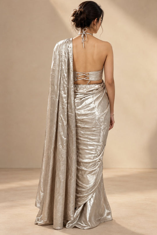 Eden Beige Satin Party Wear Stone Embellished Ready to Wear Saree