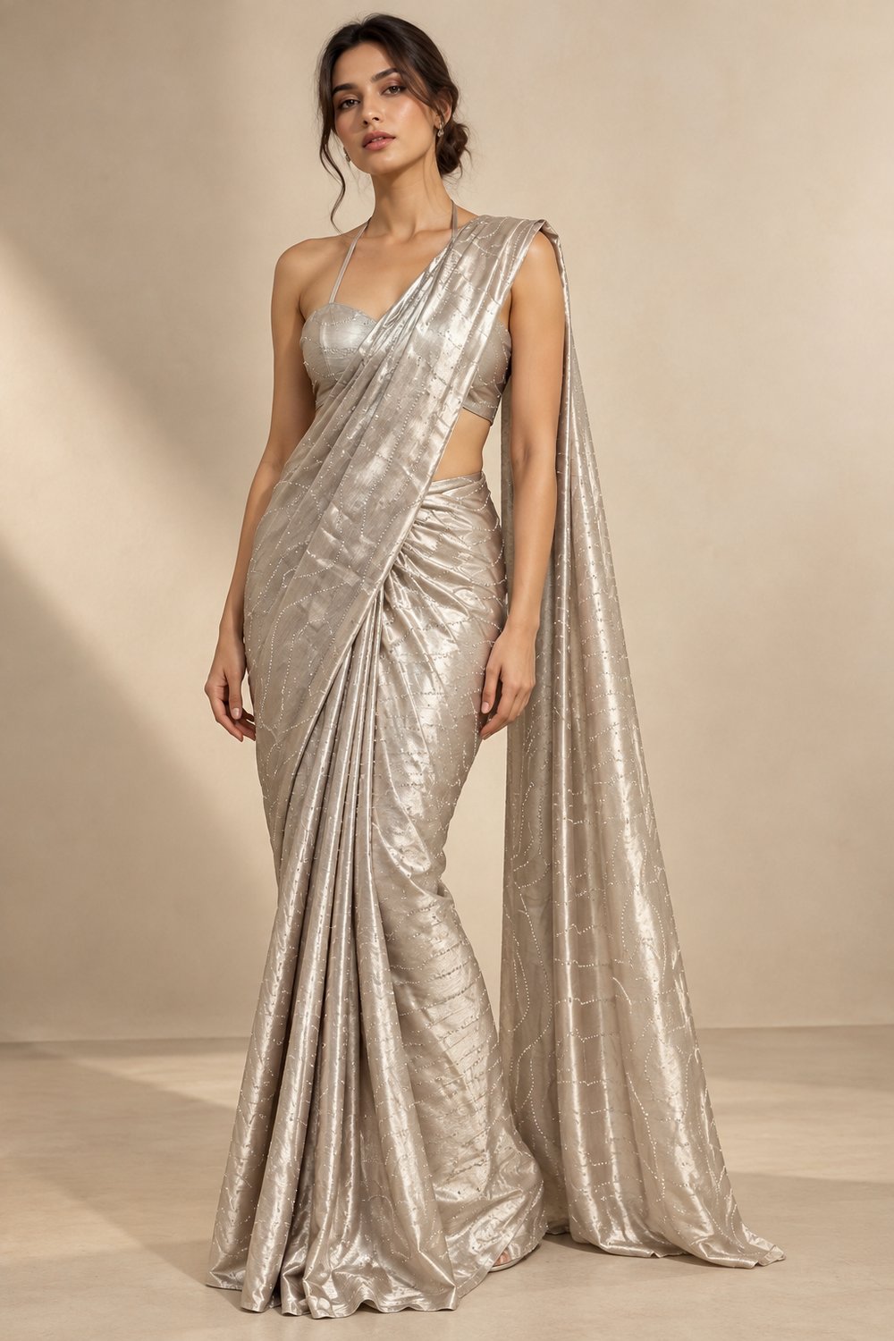 Eden Beige Satin Party Wear Stone Embellished Ready to Wear Saree
