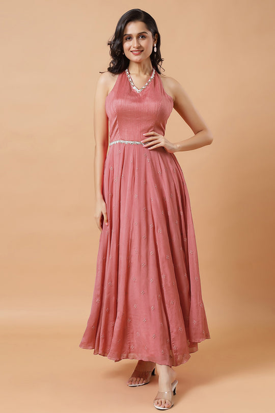 Maya Dusty Rose Halter Neck Chinon Silk Saree Dress
