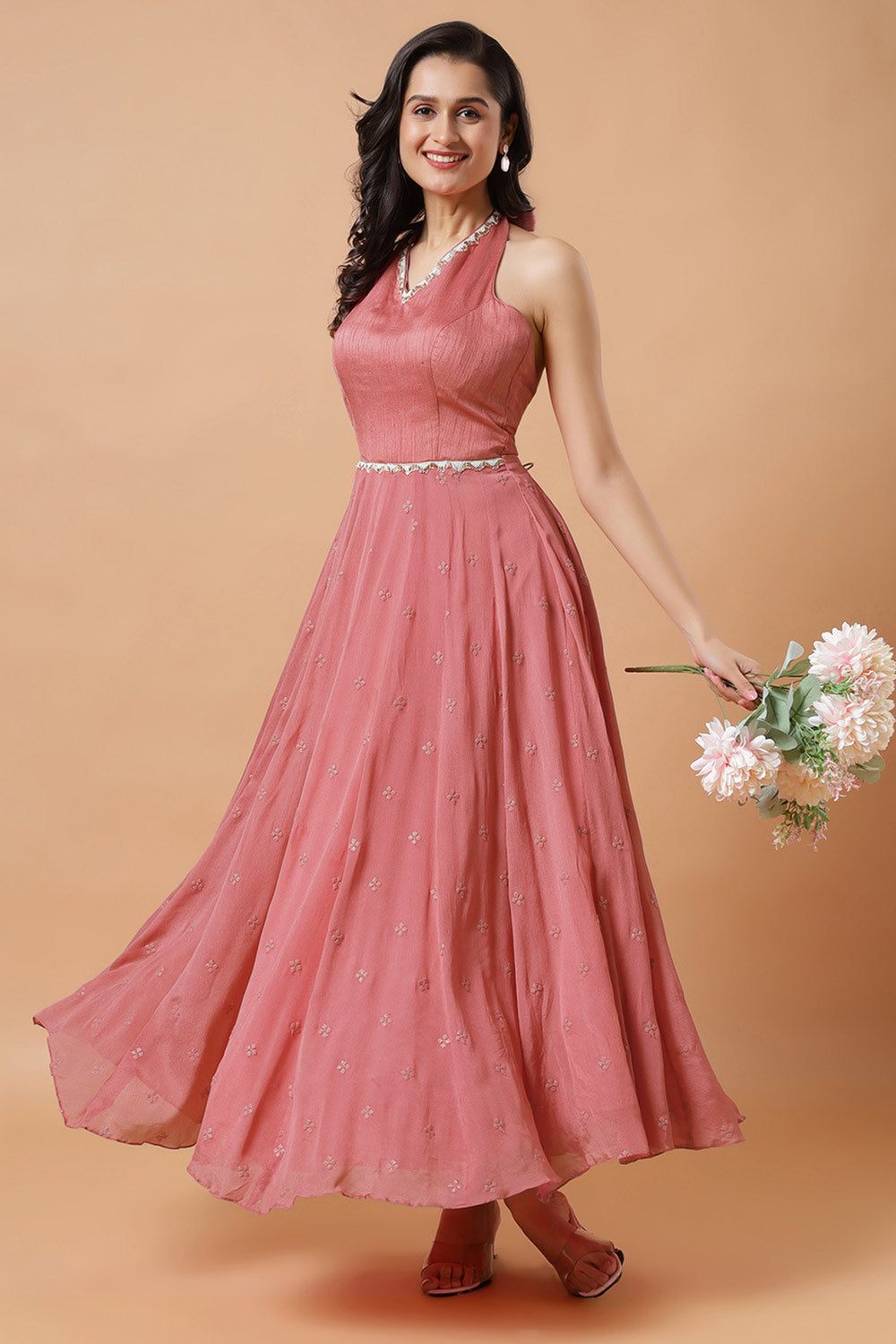 Maya Dusty Rose Halter Neck Chinon Silk Saree Dress