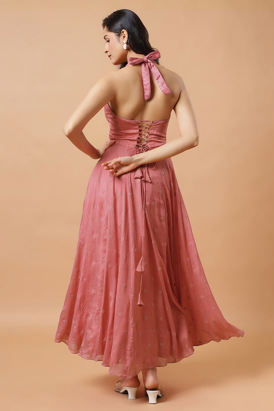 Maya Dusty Rose Halter Neck Chinon Silk Saree Dress