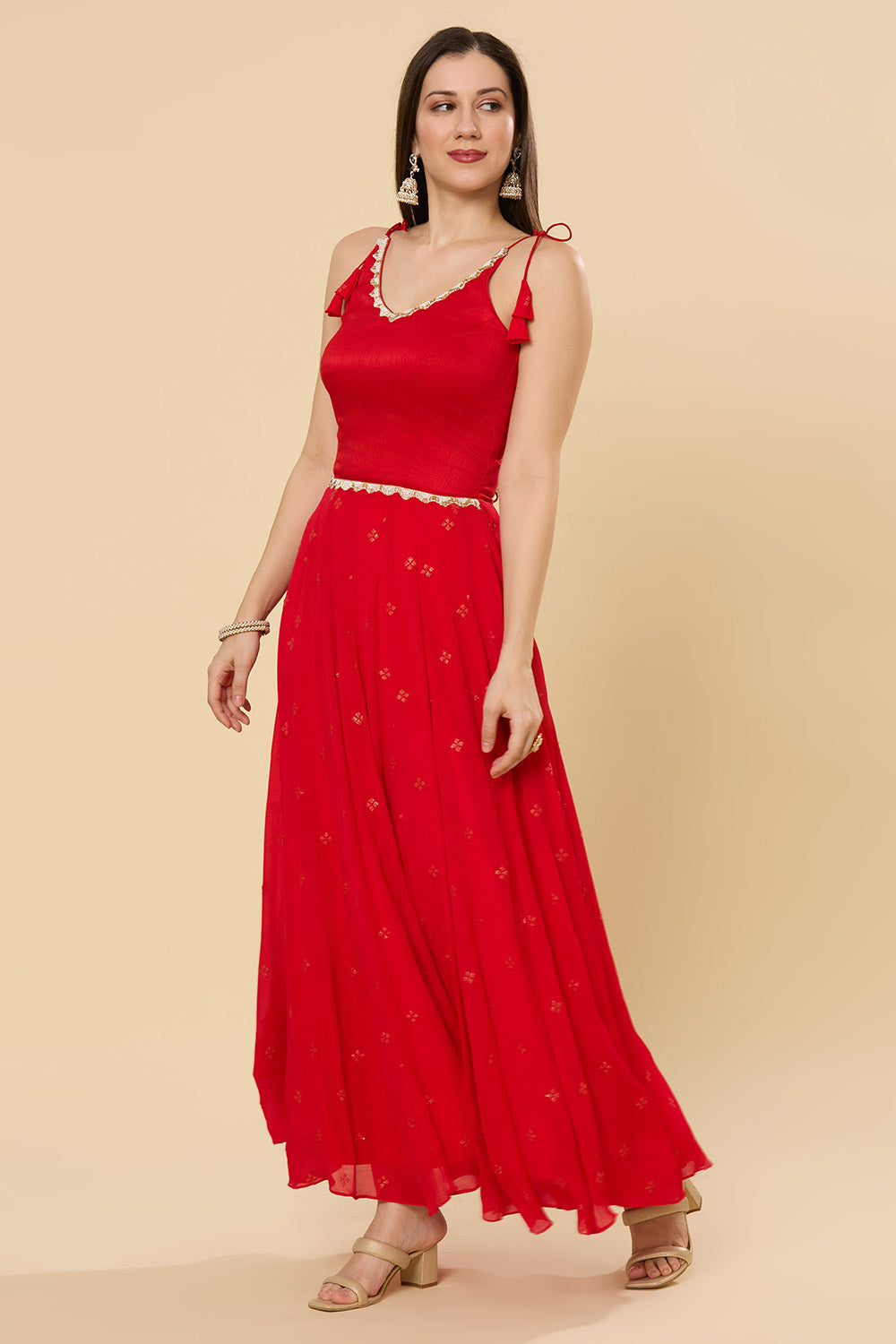 Maya Scarlet Strappy Chinon Silk Saree Dress