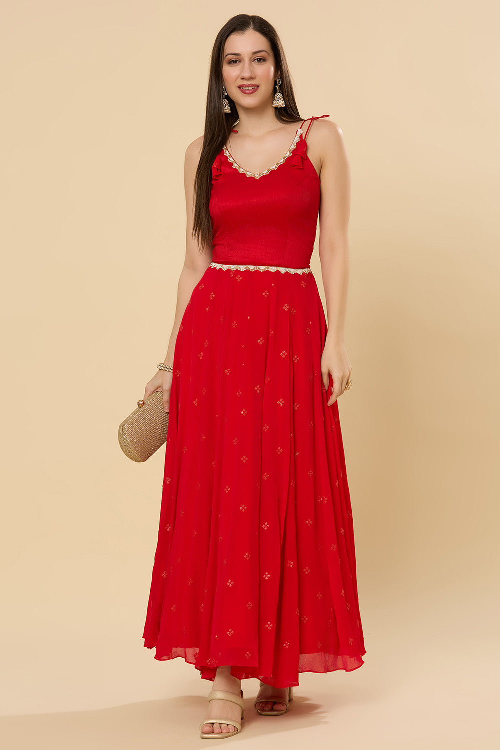 Maya Scarlet Strappy Chinon Silk Saree Dress