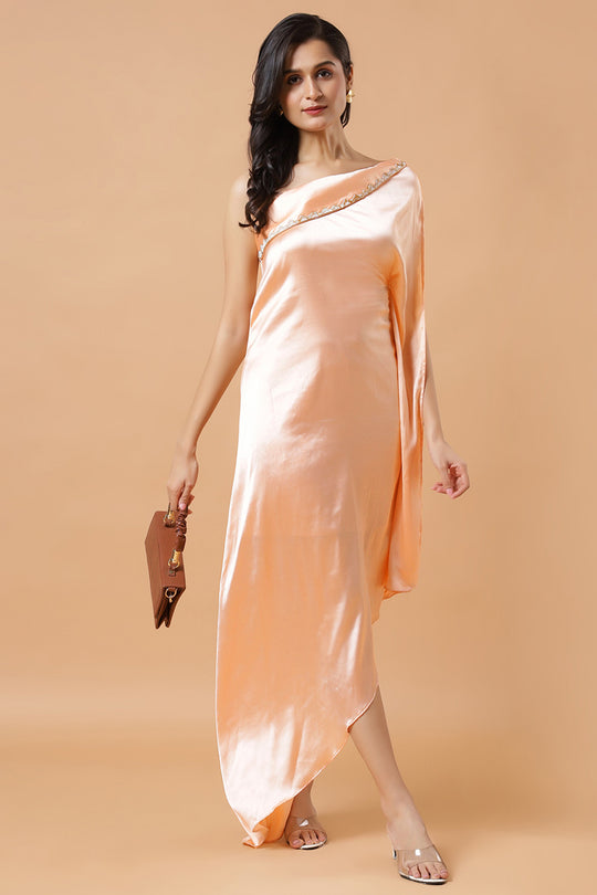 Nora Peach Satin Shoulder Drape Saree Dress