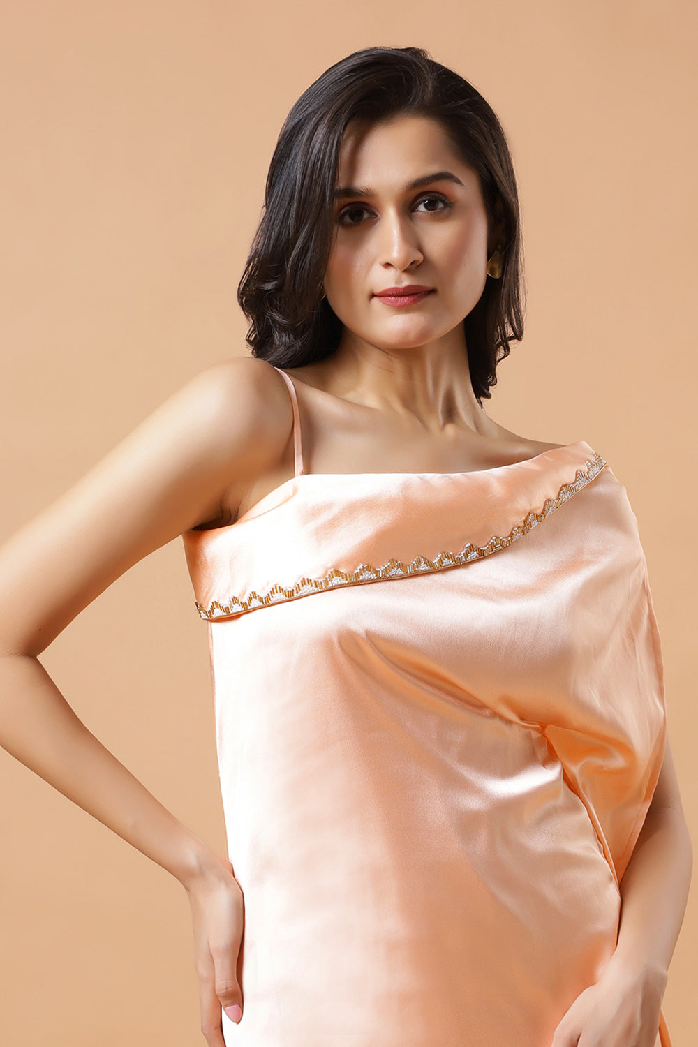 Nora Peach Satin Shoulder Drape Saree Dress