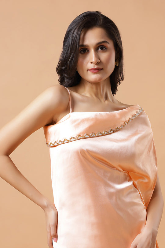 Nora Peach Satin Shoulder Drape Saree Dress