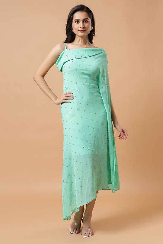 Cleo Sea Blue Chinon Shoulder Drape Saree Dress