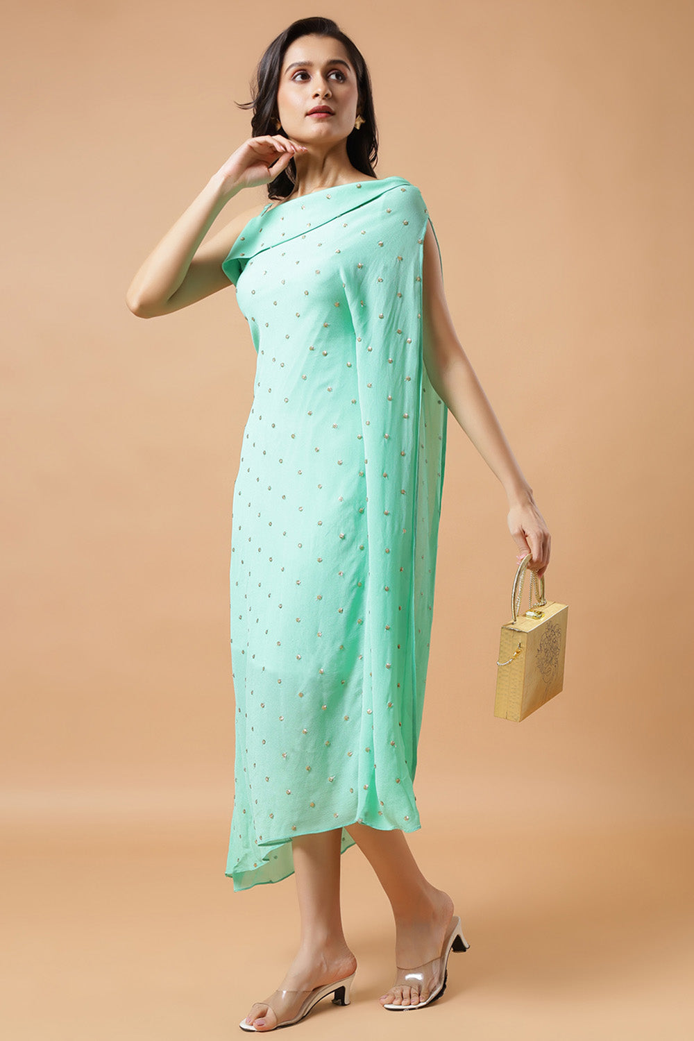 Cleo Sea Blue Chinon Shoulder Drape Saree Dress