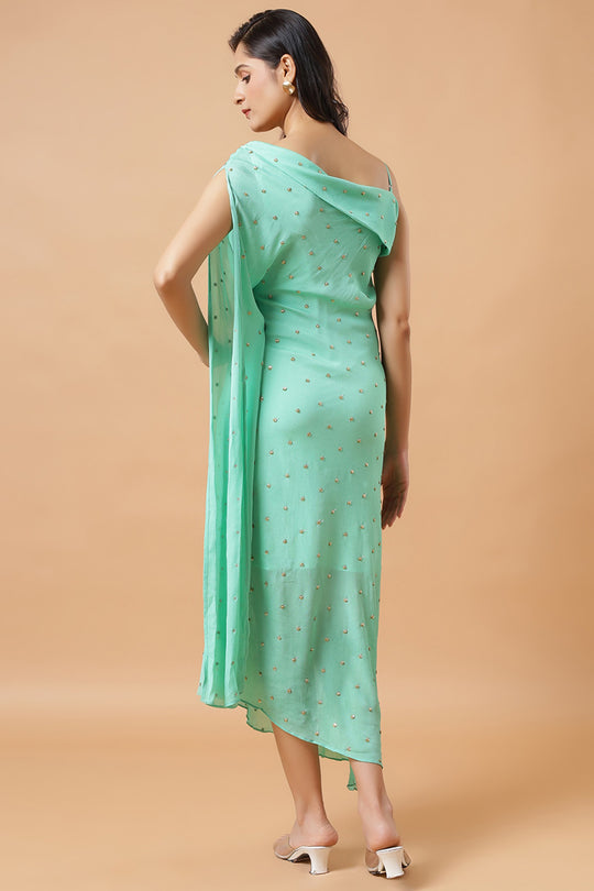 Cleo Sea Blue Chinon Shoulder Drape Saree Dress