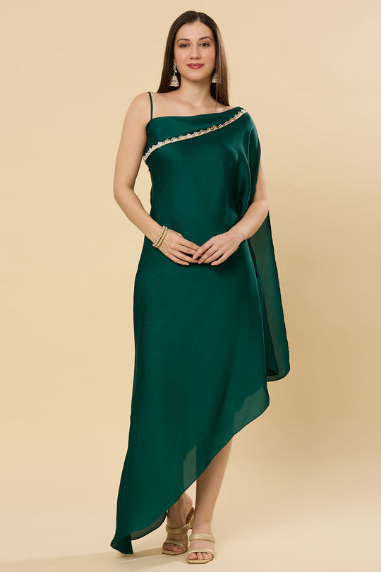 Isla Emerald Green Satin Shoulder Drape Saree Dress
