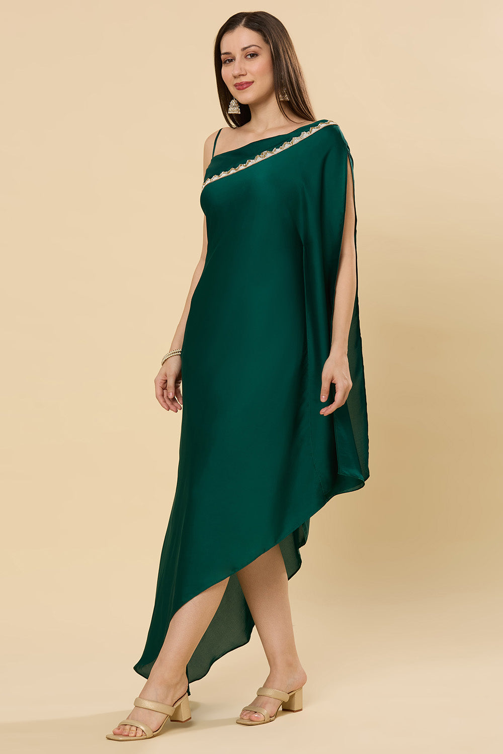 Isla Emerald Green Satin Shoulder Drape Saree Dress