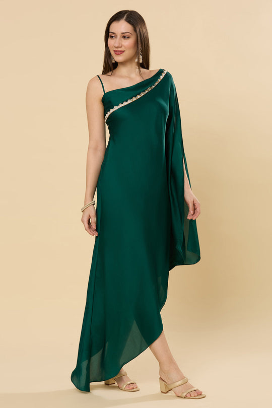 Isla Emerald Green Satin Shoulder Drape Saree Dress