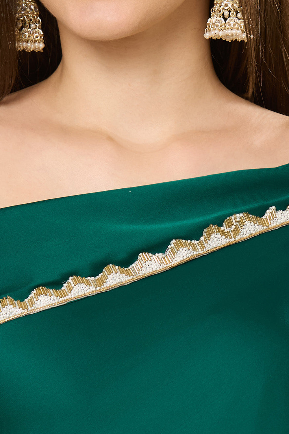 Buy Isla Emerald Green Satin Shoulder Drape Saree Dress Online - OMS India Buy Isla Emerald Green Satin Shoulder Drape Saree Dress Online - OMS India