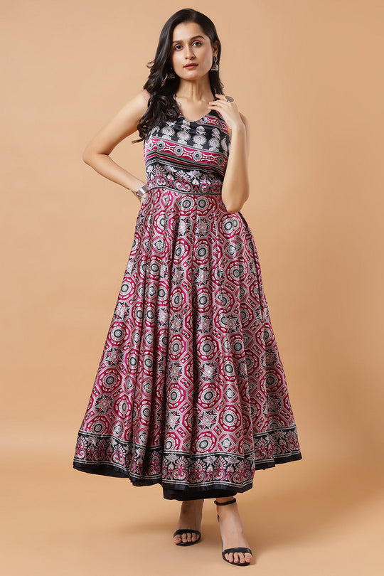 Kisha Magenta Ajrakh Design Satin Adjustable Tie-Back Saree Dress