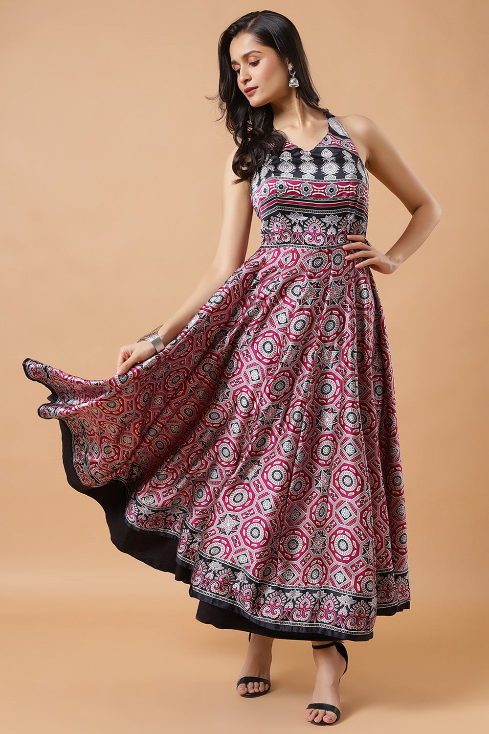 Kisha Magenta Ajrakh Design Satin Adjustable Tie-Back Saree Dress