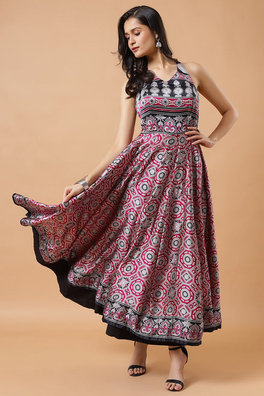 Kisha Magenta Ajrakh Design Satin Adjustable Tie-Back Saree Dress