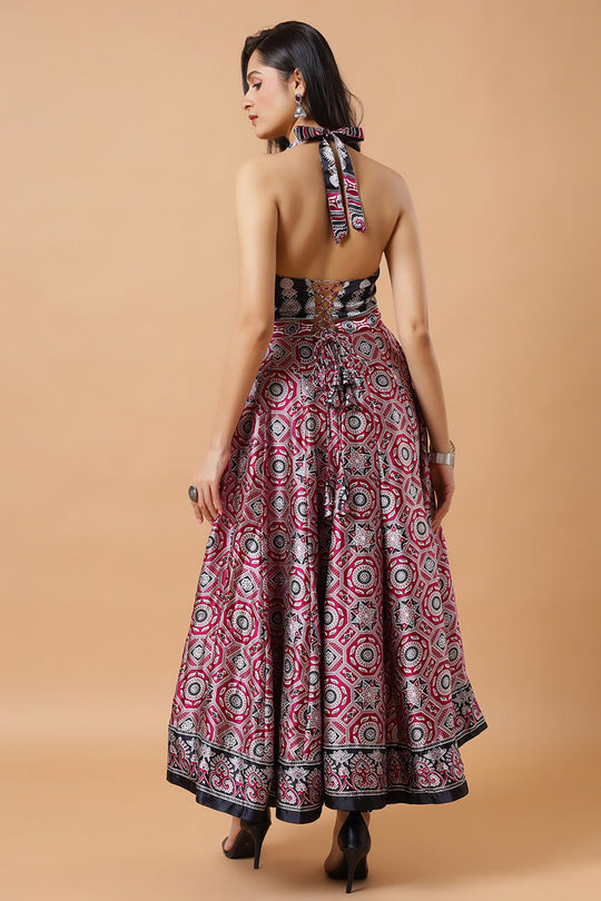 Kisha Magenta Ajrakh Design Satin Adjustable Tie-Back Saree Dress