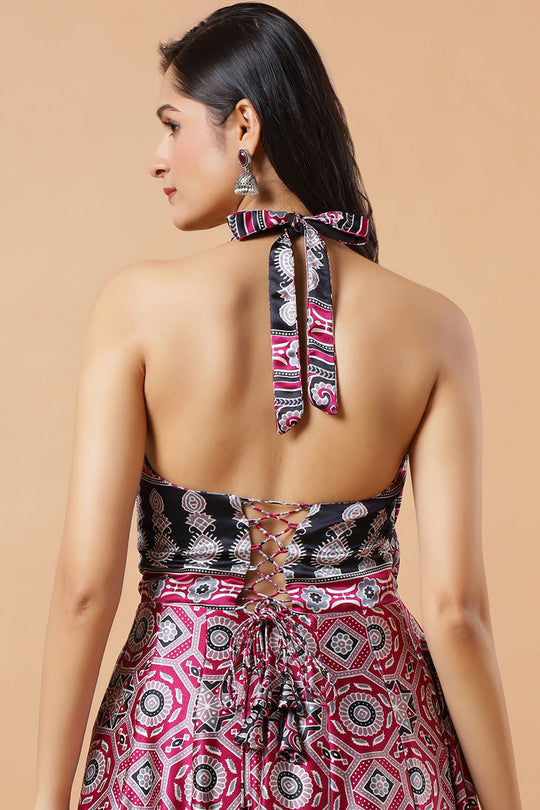 Kisha Magenta Ajrakh Design Satin Adjustable Tie-Back Saree Dress