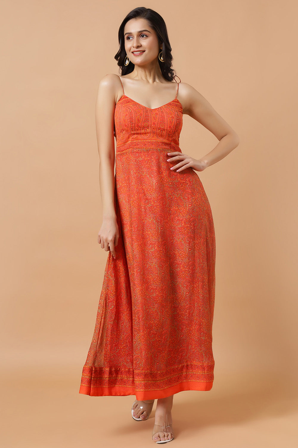 Trina Orange Chiffon Strappy Saree Dress