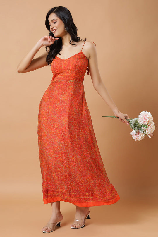 Trina Orange Chiffon Strappy Saree Dress
