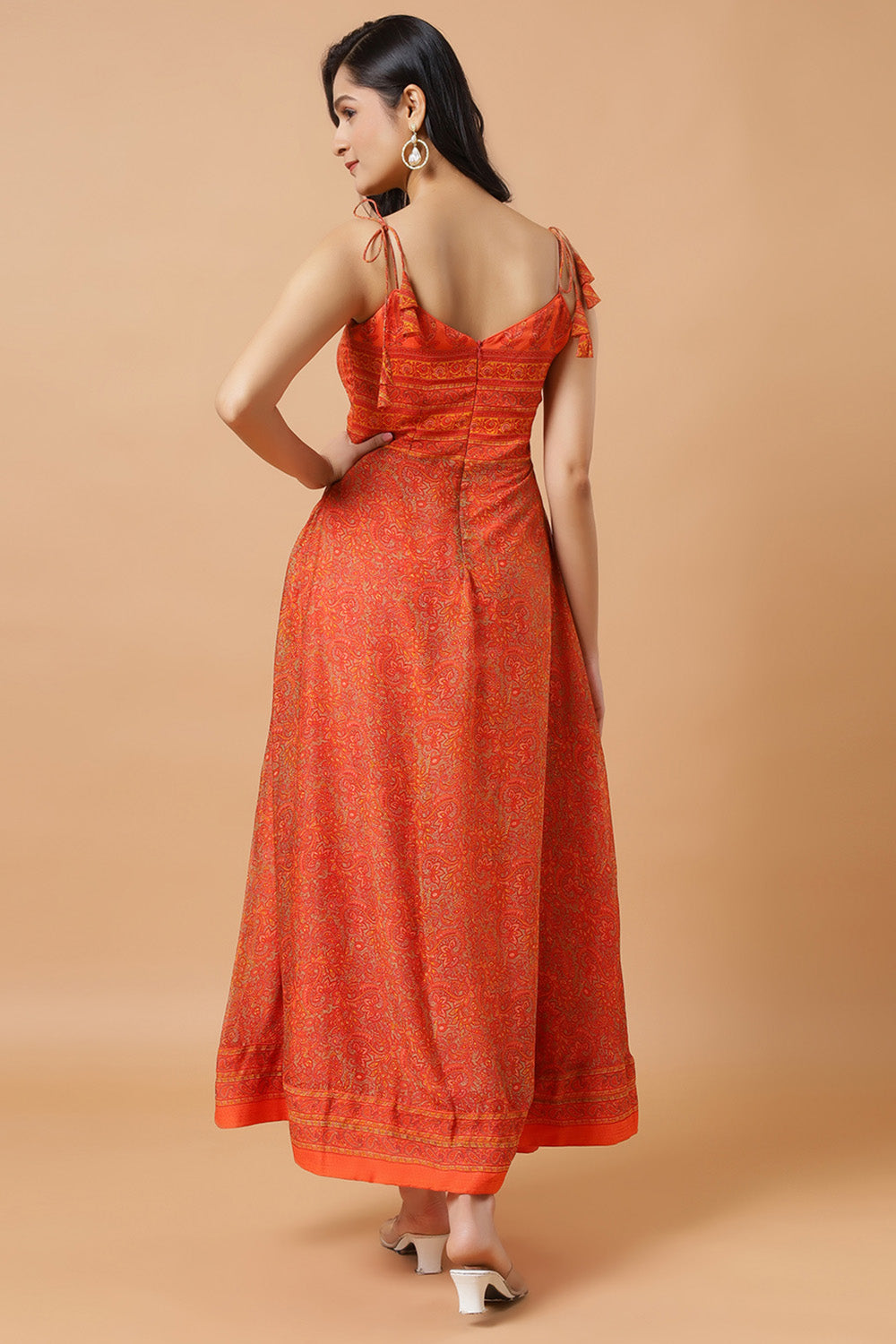 Trina Orange Chiffon Strappy Saree Dress