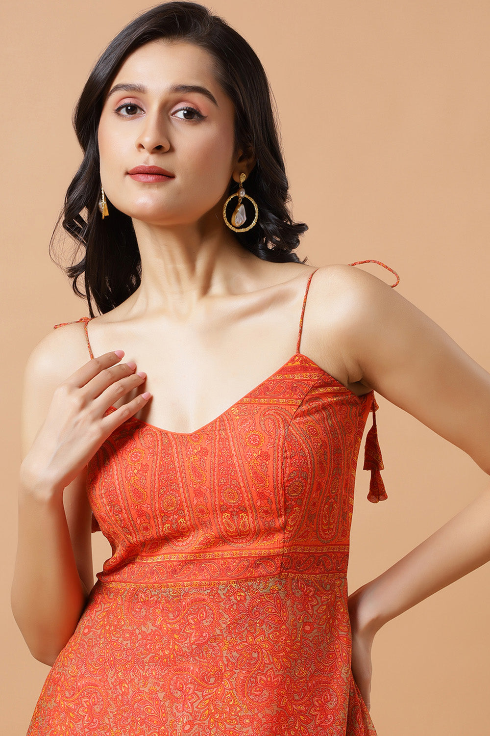 Trina Orange Chiffon Strappy Saree Dress
