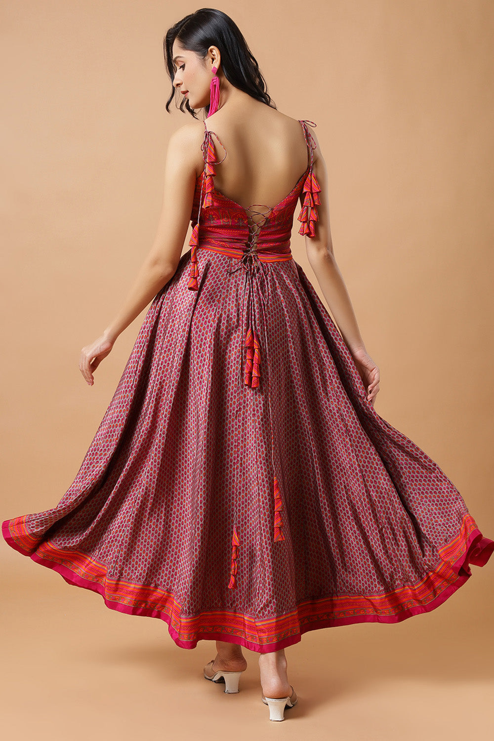 Tesha Grey Crepe Silk Strappy Adjustable Tie Back Saree Dress