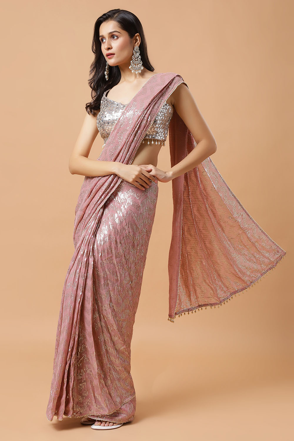 Naya Pink & Gold Sequins Luxe Georgette Pre-Draped Saree