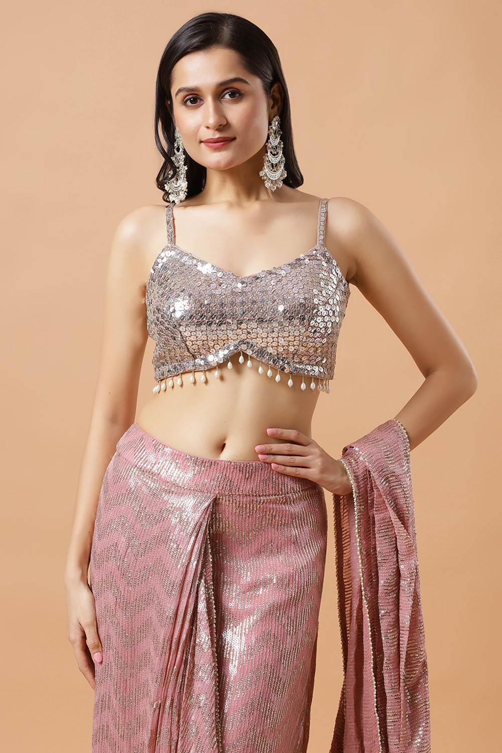 Naya Pink & Gold Sequins Luxe Georgette Pre-Draped Saree