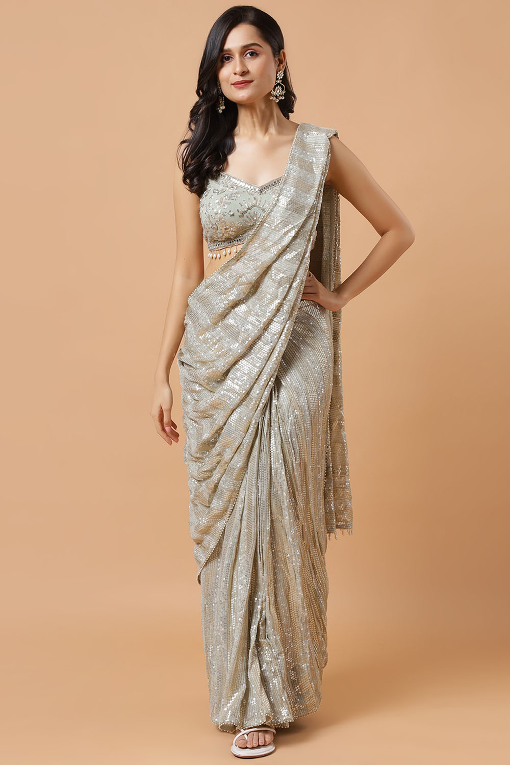 Aanya Olive Green & Gold Sequins Luxe Georgette Pre-Draped Saree