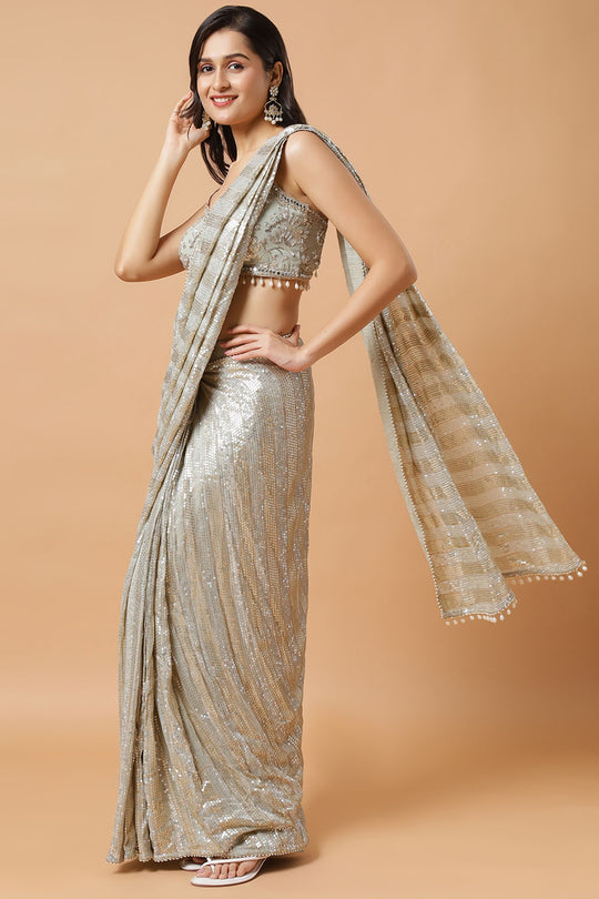 Aanya Olive Green & Gold Sequins Luxe Georgette Pre-Draped Saree