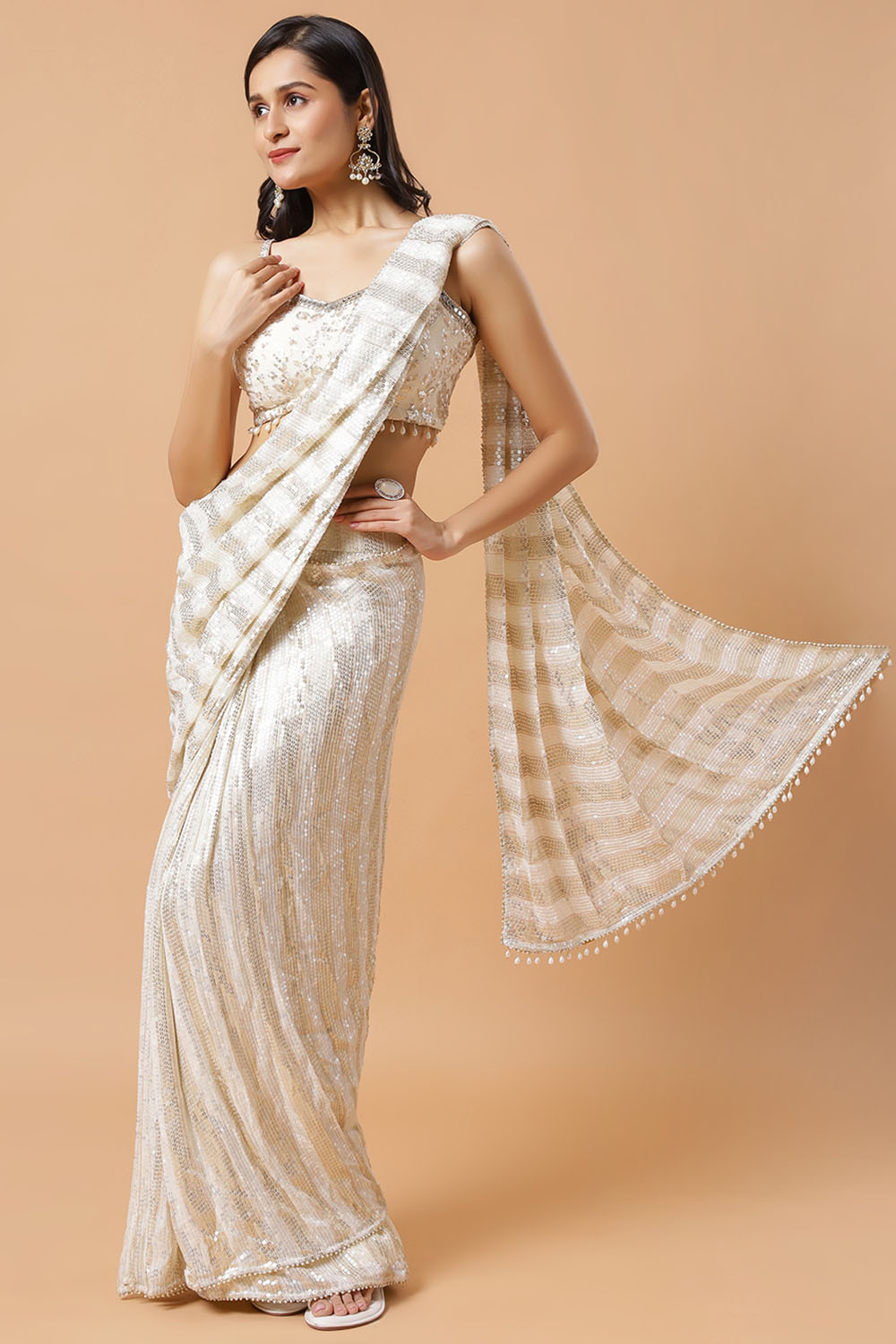 Siara Off-White & Gold Sequins Luxe Georgette Pre-Draped Saree