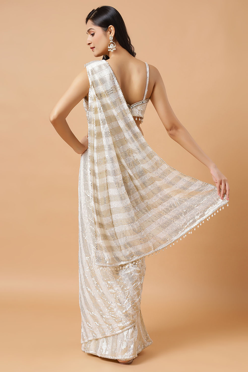 Siara Off-White & Gold Sequins Luxe Georgette Pre-Draped Saree