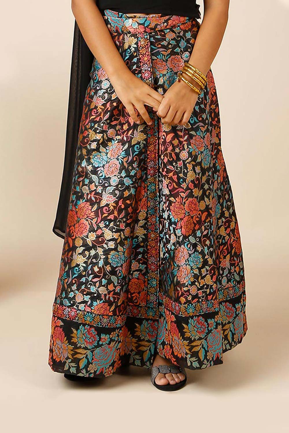 Therese Black Art Silk Floral Wrap Around Saree Skirt  For Kids & Tweens