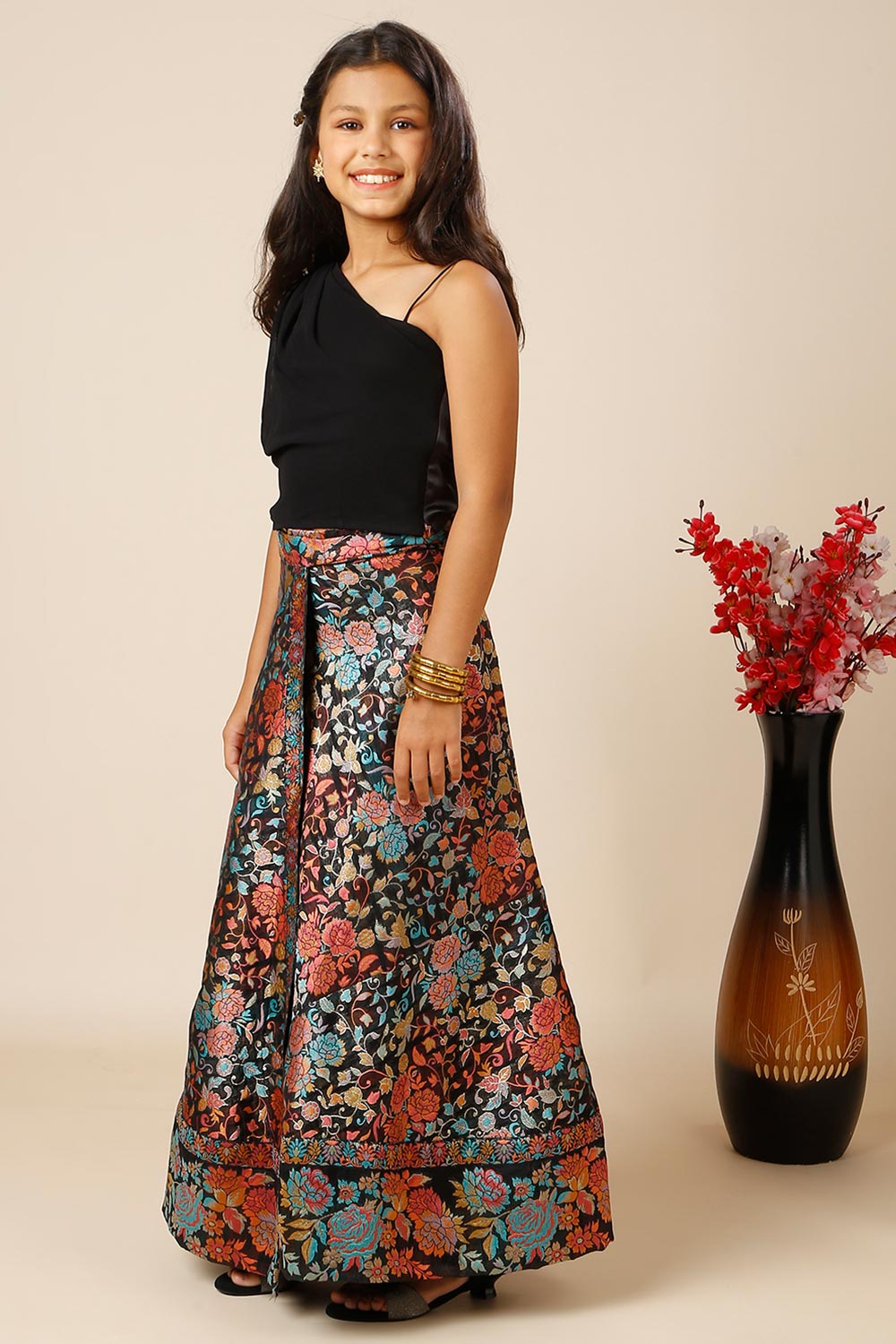 Therese Black Art Silk Floral Wrap Around Saree Skirt  For Kids & Tweens