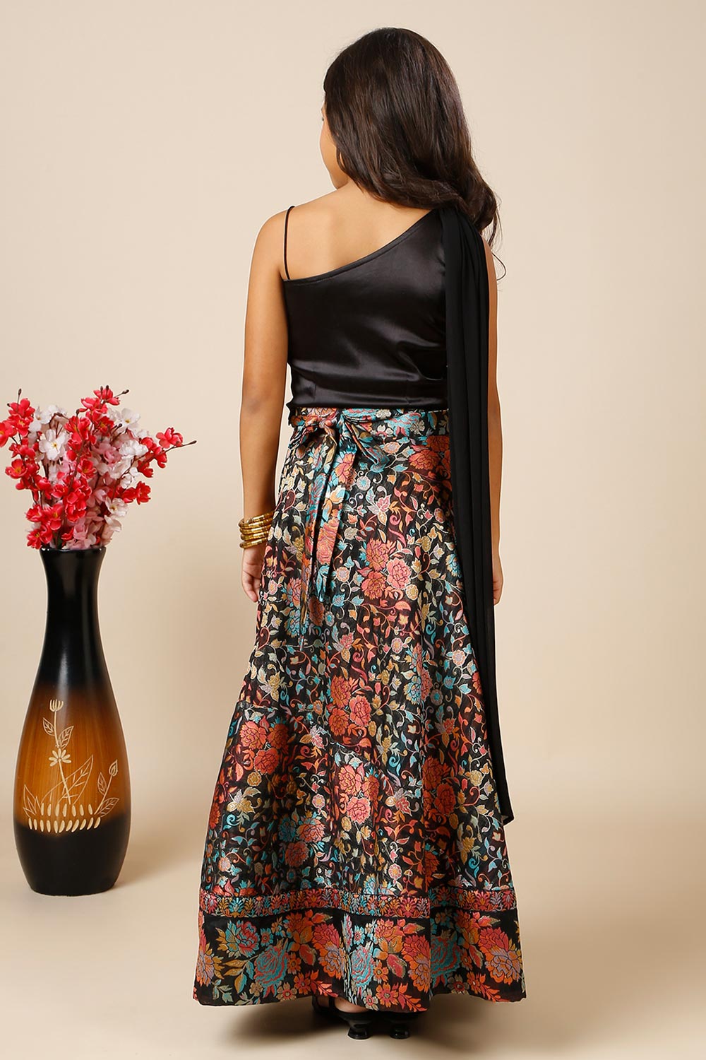 Therese Black Art Silk Floral Wrap Around Saree Skirt  For Kids & Tweens