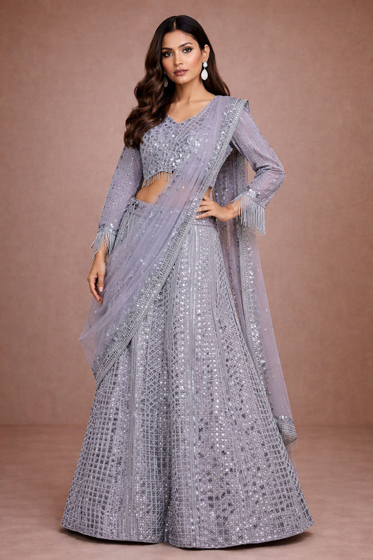 Lara Grey Net Embellished Ready To Wear Lehenga Saree