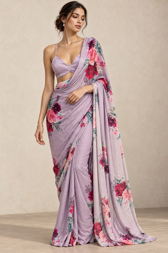 Zoya Lilac Modal Satin Floral Print Ready to Wear Saree