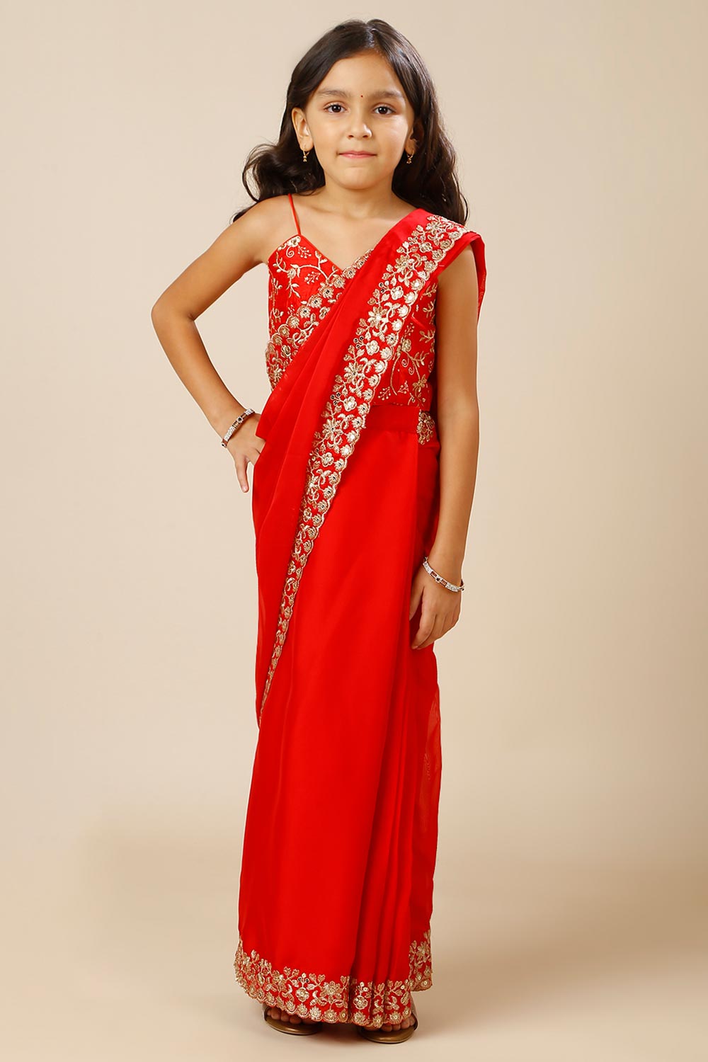 Madhuri Red Zari Border Crepe Silk One Minute Saree For Kids & Tweens