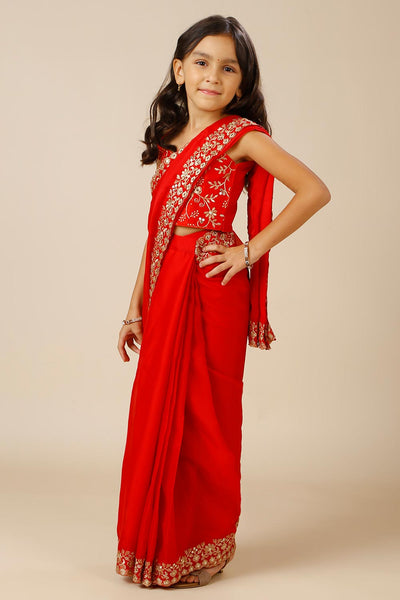 Madhuri Red Zari Border Crepe Silk One Minute Saree For Kids & Tweens