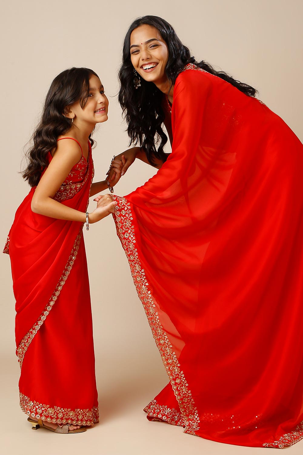 Madhuri Red Zari Border Crepe Silk One Minute Saree For Kids & Tweens