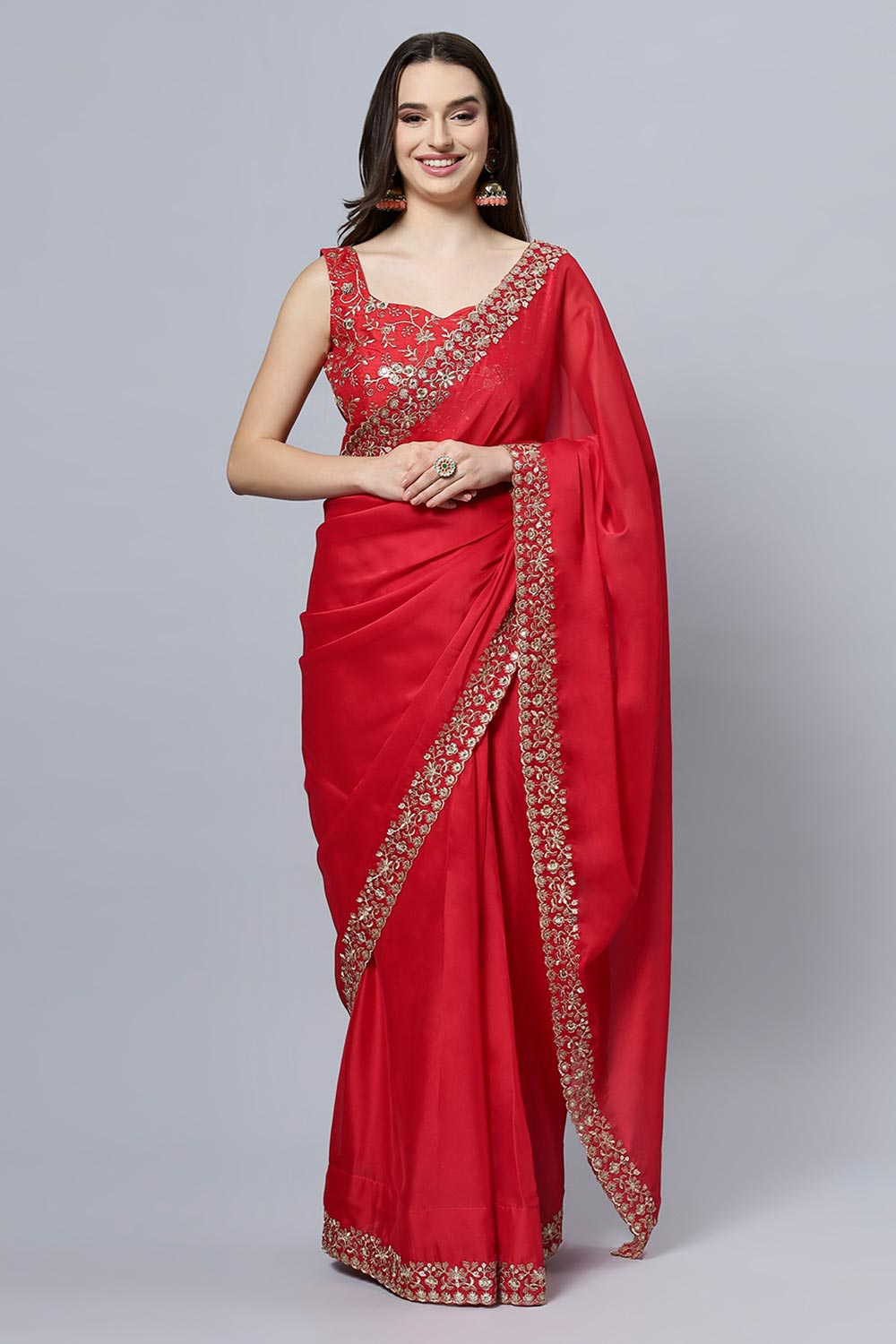 Madhuri Red Zari Border Crepe Silk One Minute Saree