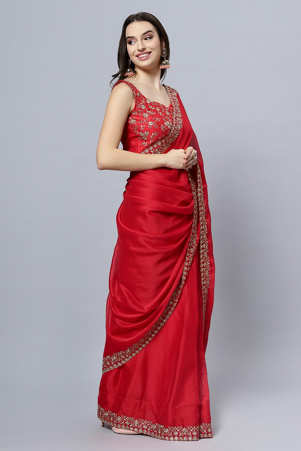 Madhuri Red Zari Border Crepe Silk One Minute Saree