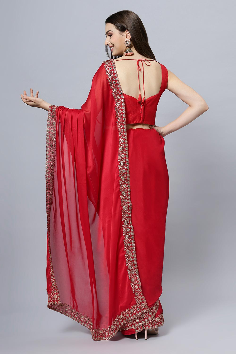 Madhuri Red Zari Border Crepe Silk One Minute Saree