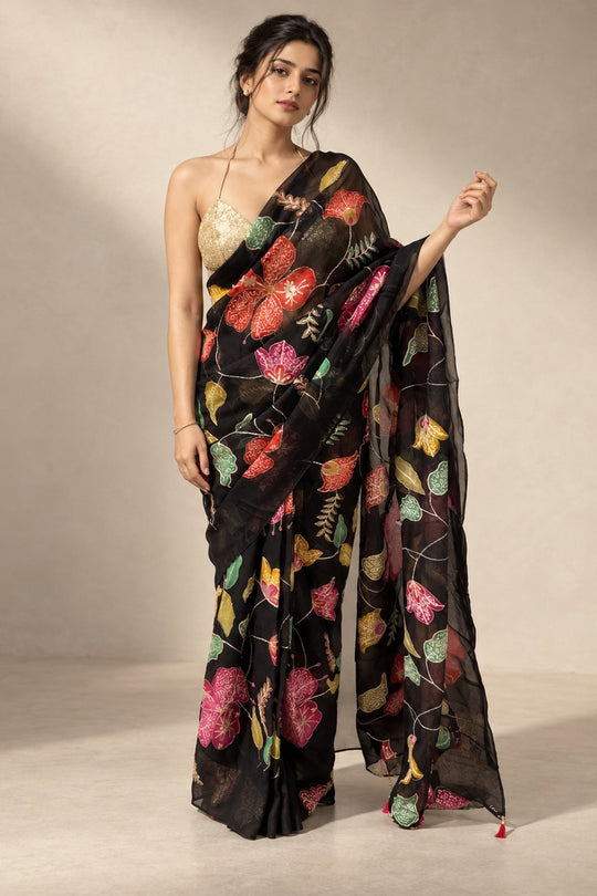 Freya Black Organza Multicolor Floral Designer Ready to Wear Saree