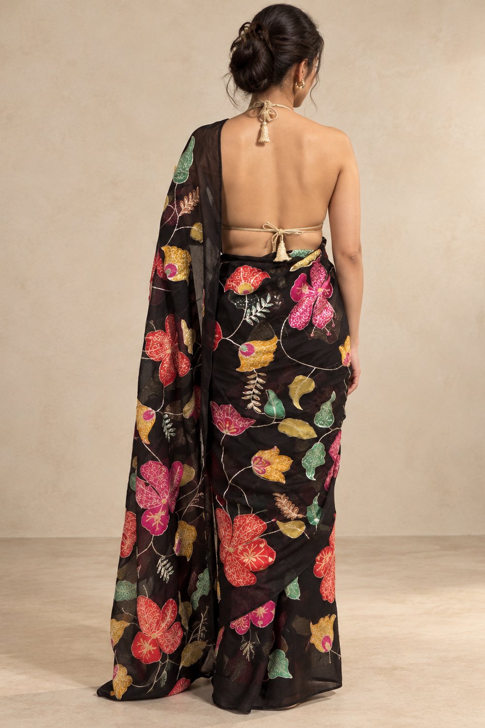 Freya Black Organza Multicolor Floral Designer Ready to Wear Saree