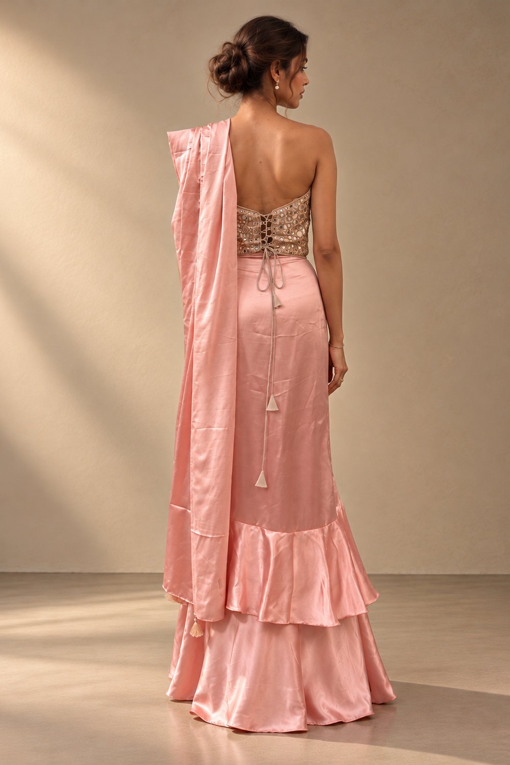 Leoni Blush Pink Satin with Mirror Work Corset Blouse with Designer Skirt Saree