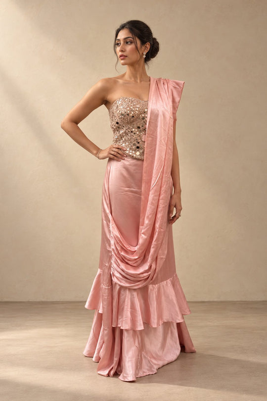 Leoni Blush Pink Satin with Mirror Work Corset Blouse with Designer Skirt Saree